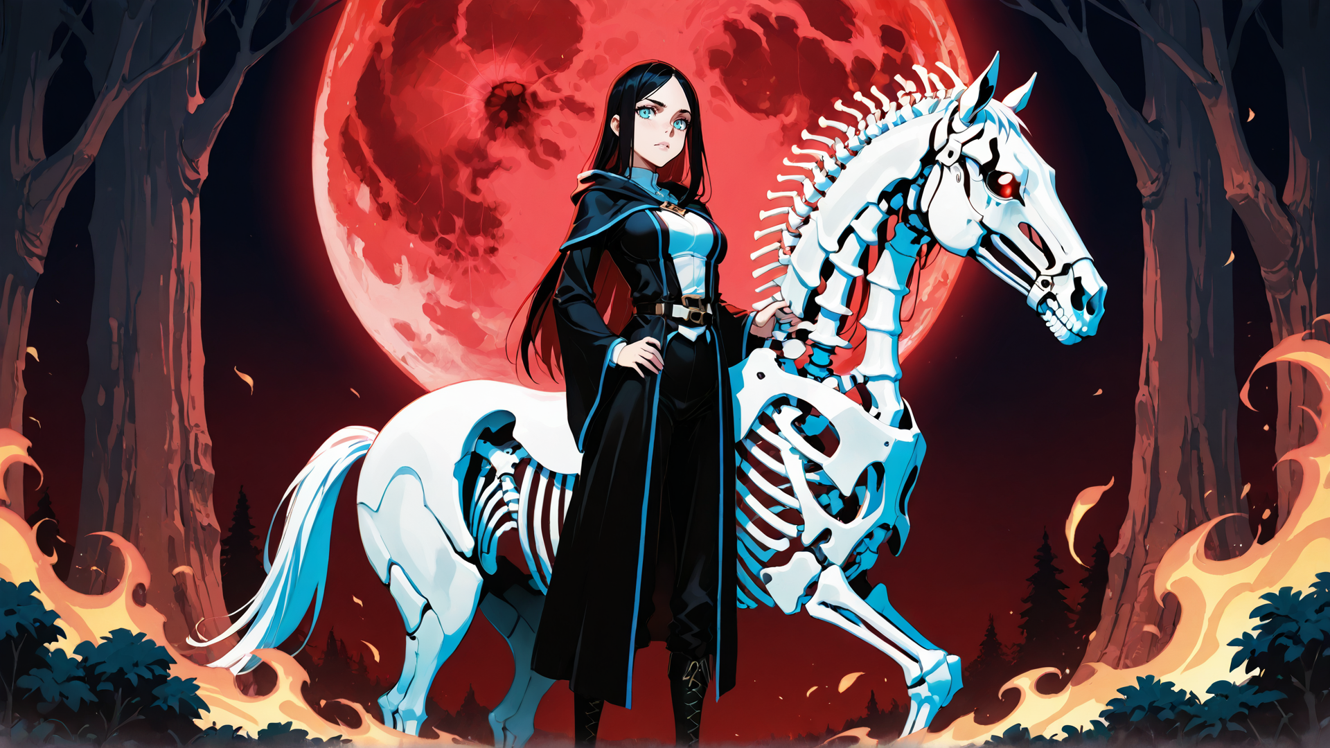 AI generated wallpaper featuring woman, skeleton horse, forest, moon