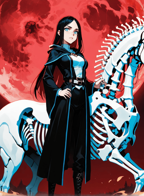 woman, skeleton horse, forest, moon
