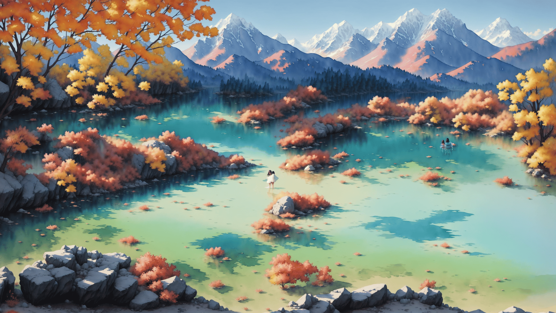 AI generated wallpaper featuring lake, mountains, trees