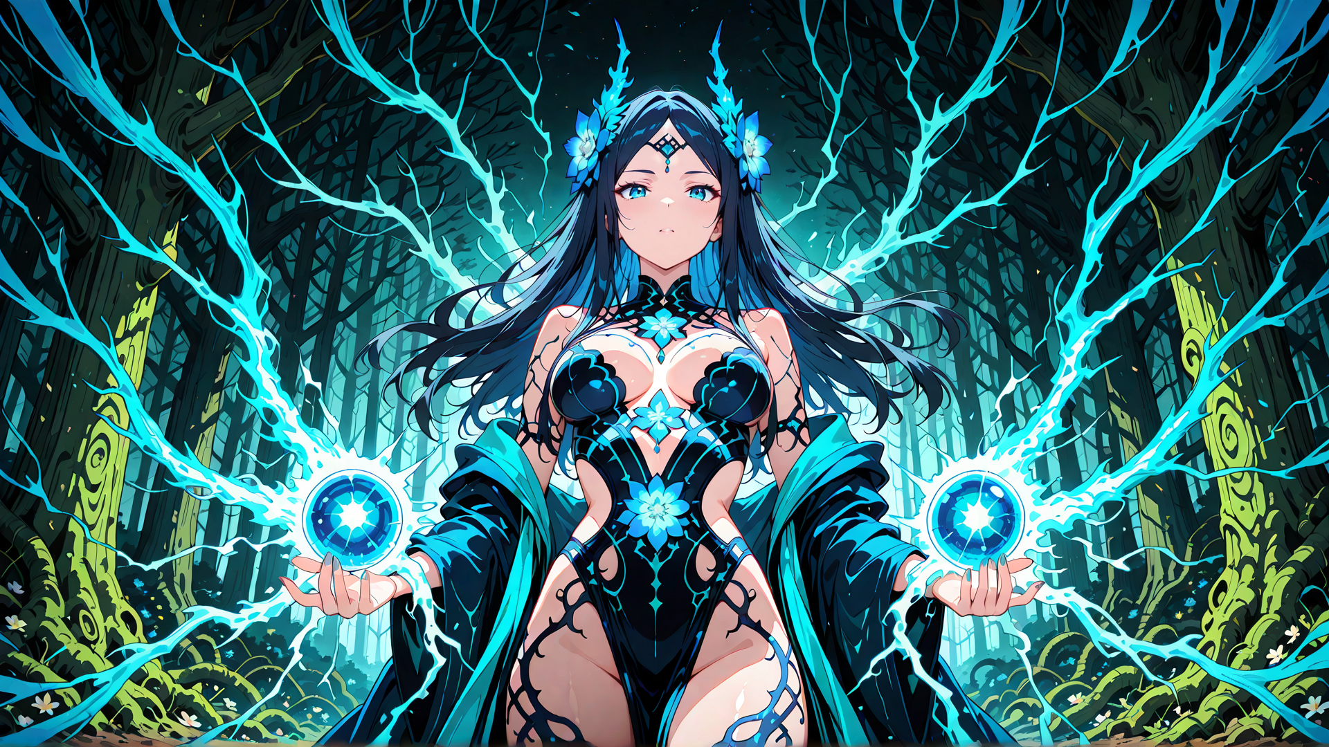 AI generated wallpaper featuring woman, forest, magic, sorceress, energy, trees, spheres, flames, goddess, luminescent