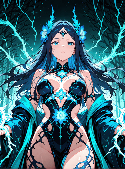 woman, forest, magic, sorceress, energy, trees, spheres, flames, goddess, luminescent