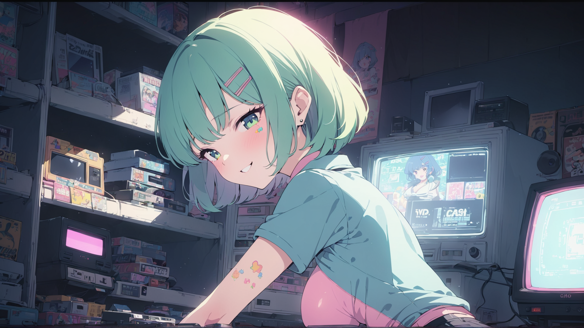 AI generated wallpaper featuring anime girl, retro store, video games