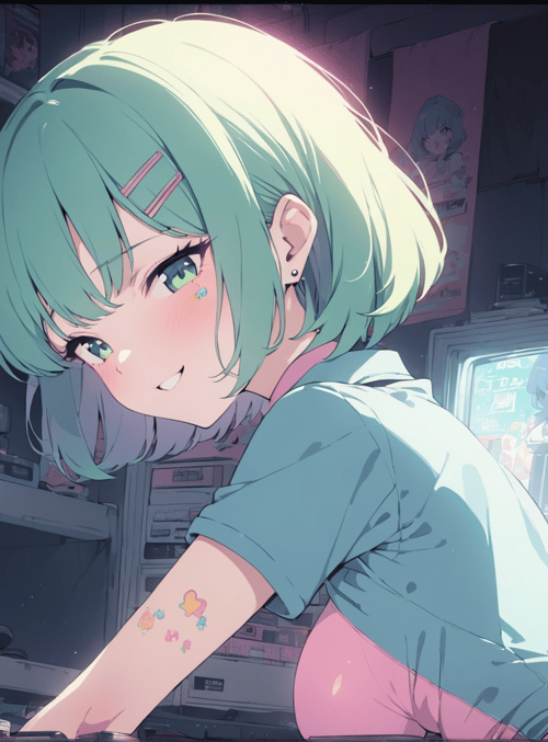 anime girl, retro store, video games
