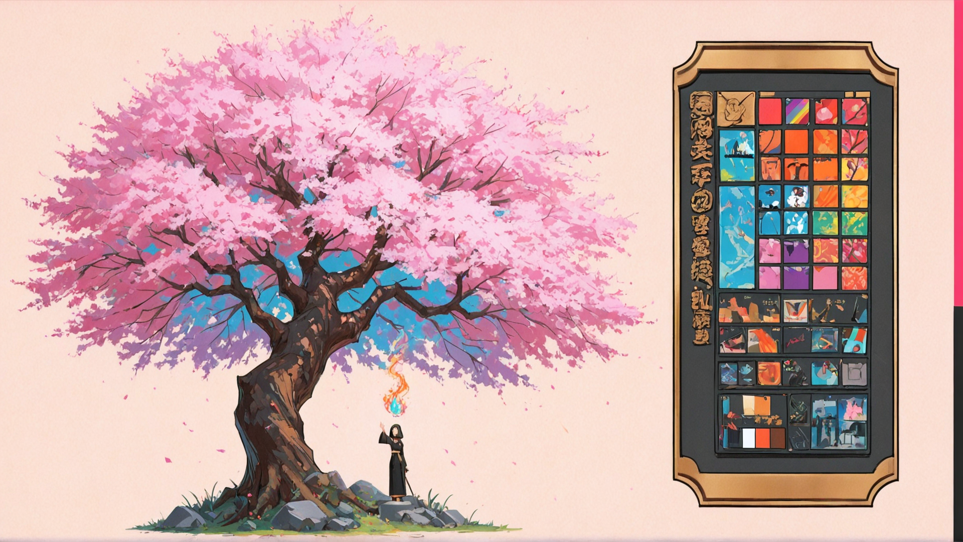 AI generated wallpaper featuring cherry blossom tree, person, fire, art gallery, squares