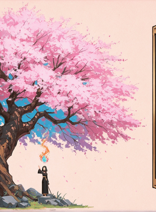 cherry blossom tree, person, fire, art gallery, squares