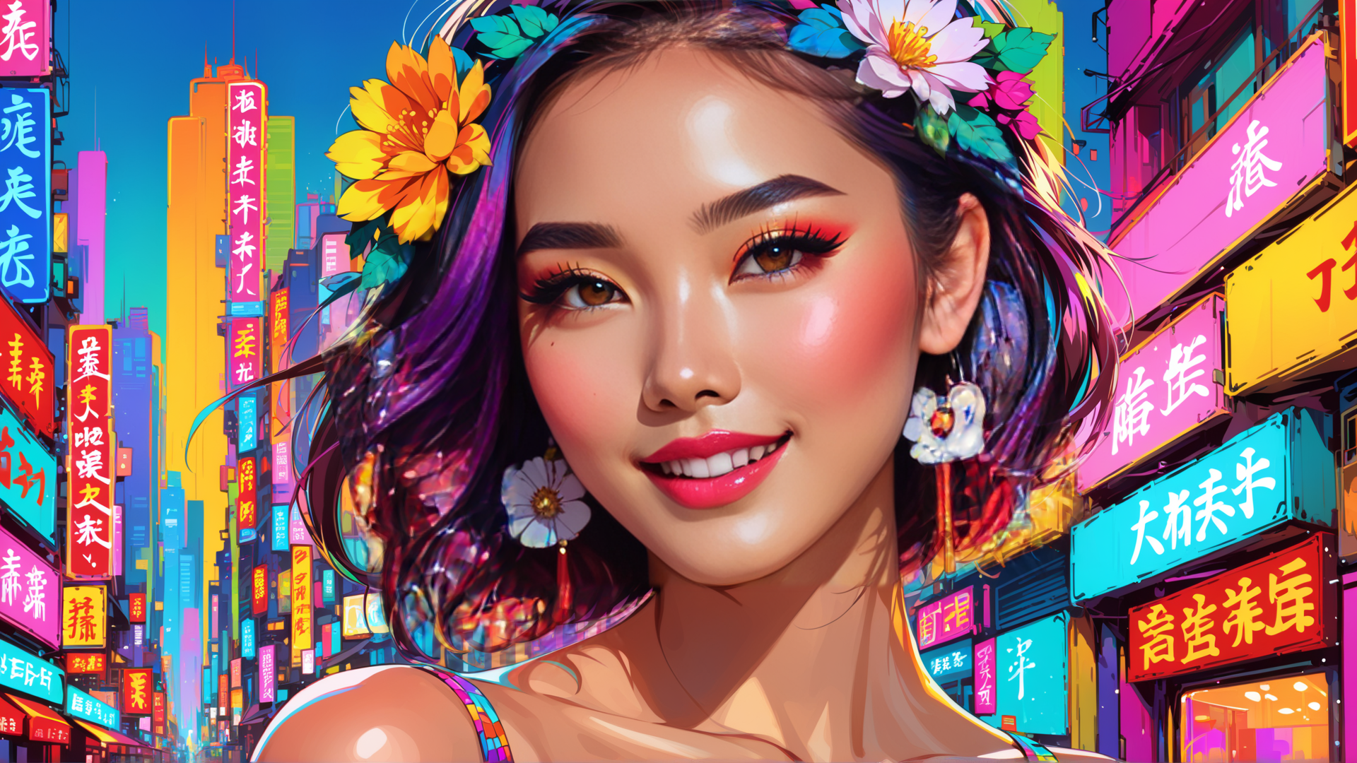 AI generated wallpaper featuring woman, cityscape, flowers