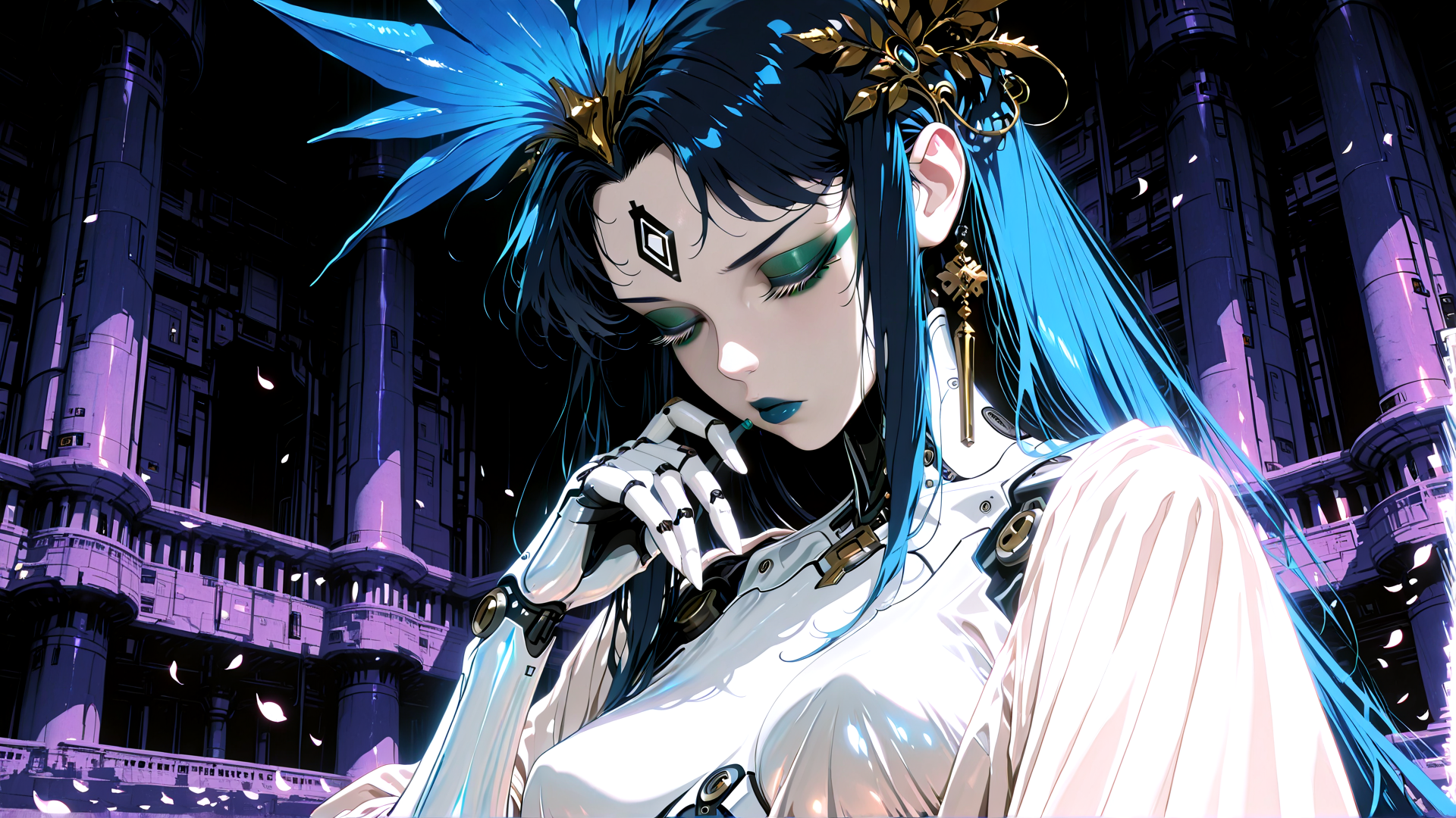 AI generated wallpaper featuring cyborg, woman, robotic_hand, blue_hair, feather_headpiece, white_outfit, earring, ornament