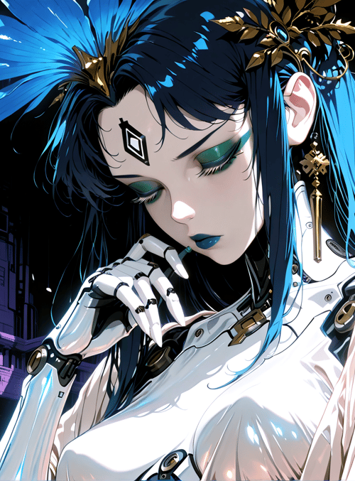 cyborg, woman, robotic_hand, blue_hair, feather_headpiece, white_outfit, earring, ornament