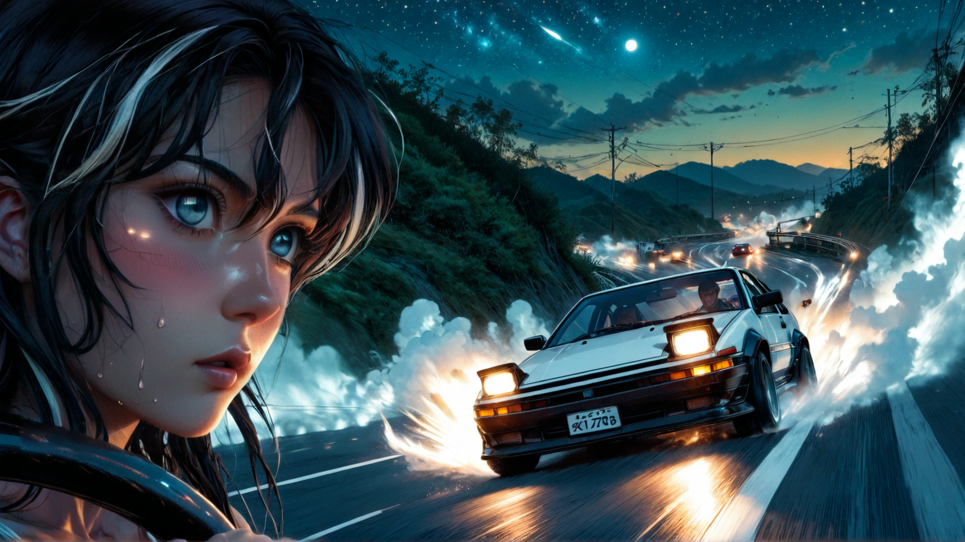 AI generated wallpaper featuring girl, car, road, night, stars, smoke, mountains, moon, tears, steering wheel