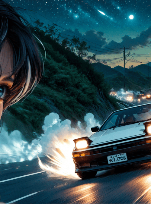 girl, car, road, night, stars, smoke, mountains, moon, tears, steering wheel