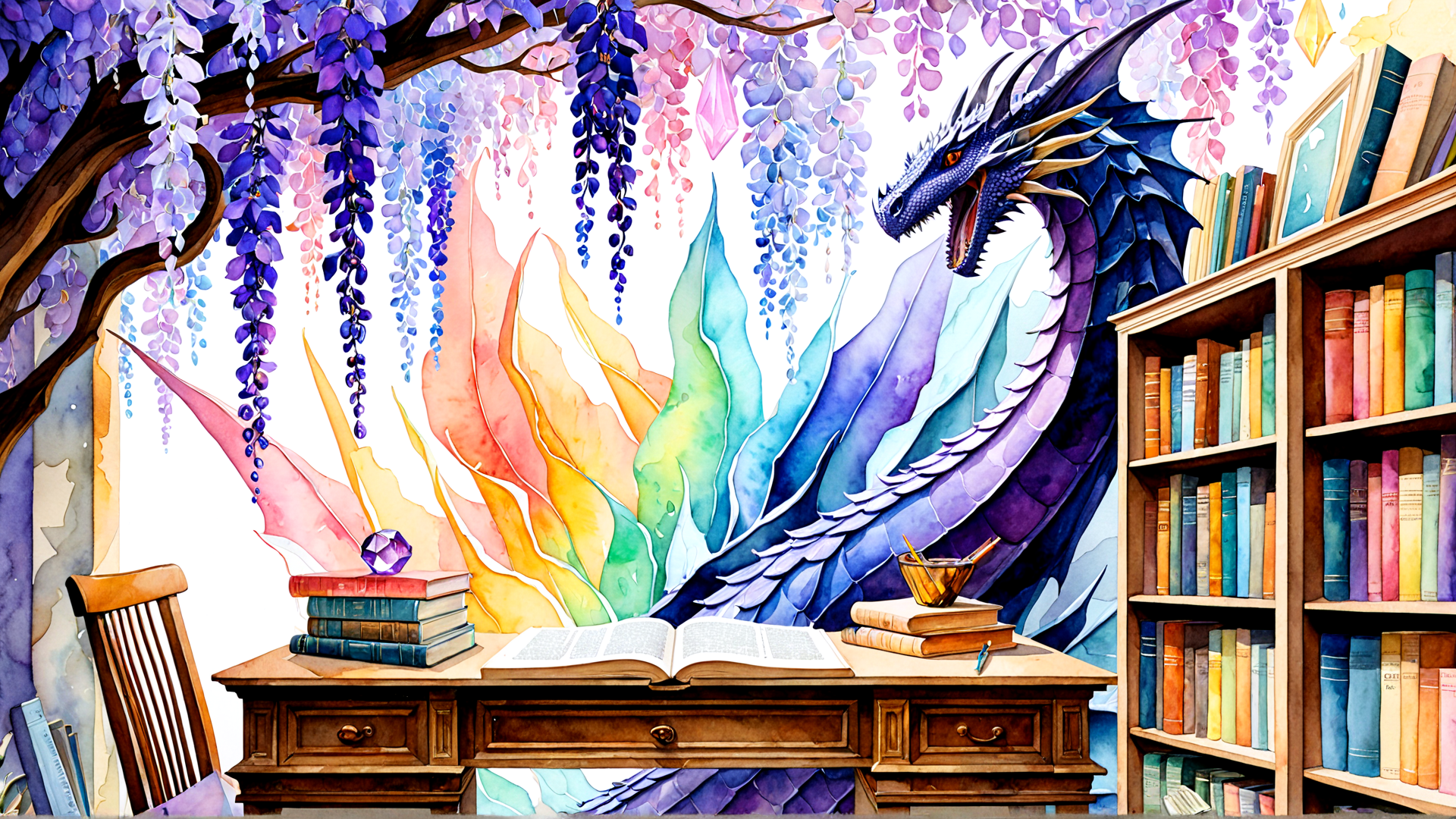 AI generated wallpaper featuring dragon, bookshelf, books, wisteria, desk, crystals, feathers, chair
