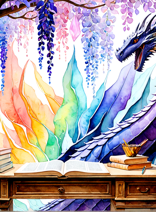 dragon, bookshelf, books, wisteria, desk, crystals, feathers, chair