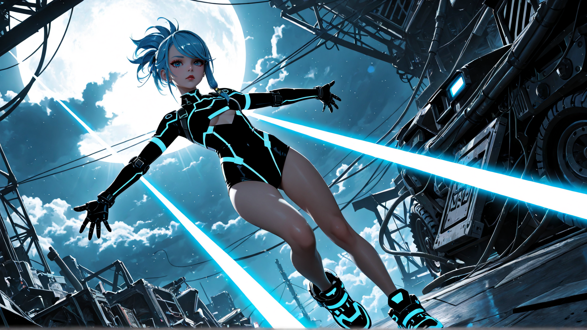 AI generated wallpaper featuring cyberpunk, girl, futuristic, character, skeleton, mechanical, structure, robot, sneakers, light