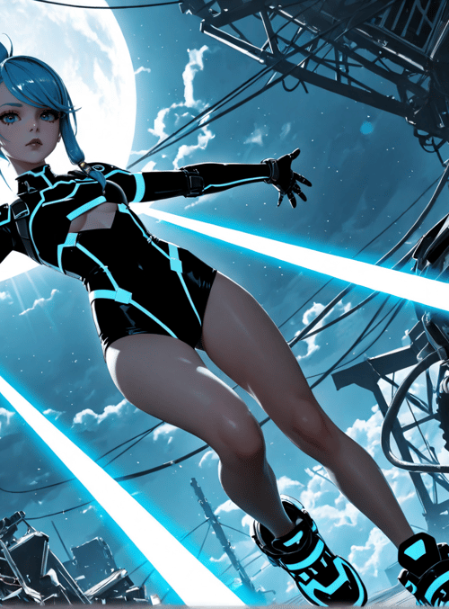 cyberpunk, girl, futuristic, character, skeleton, mechanical, structure, robot, sneakers, light