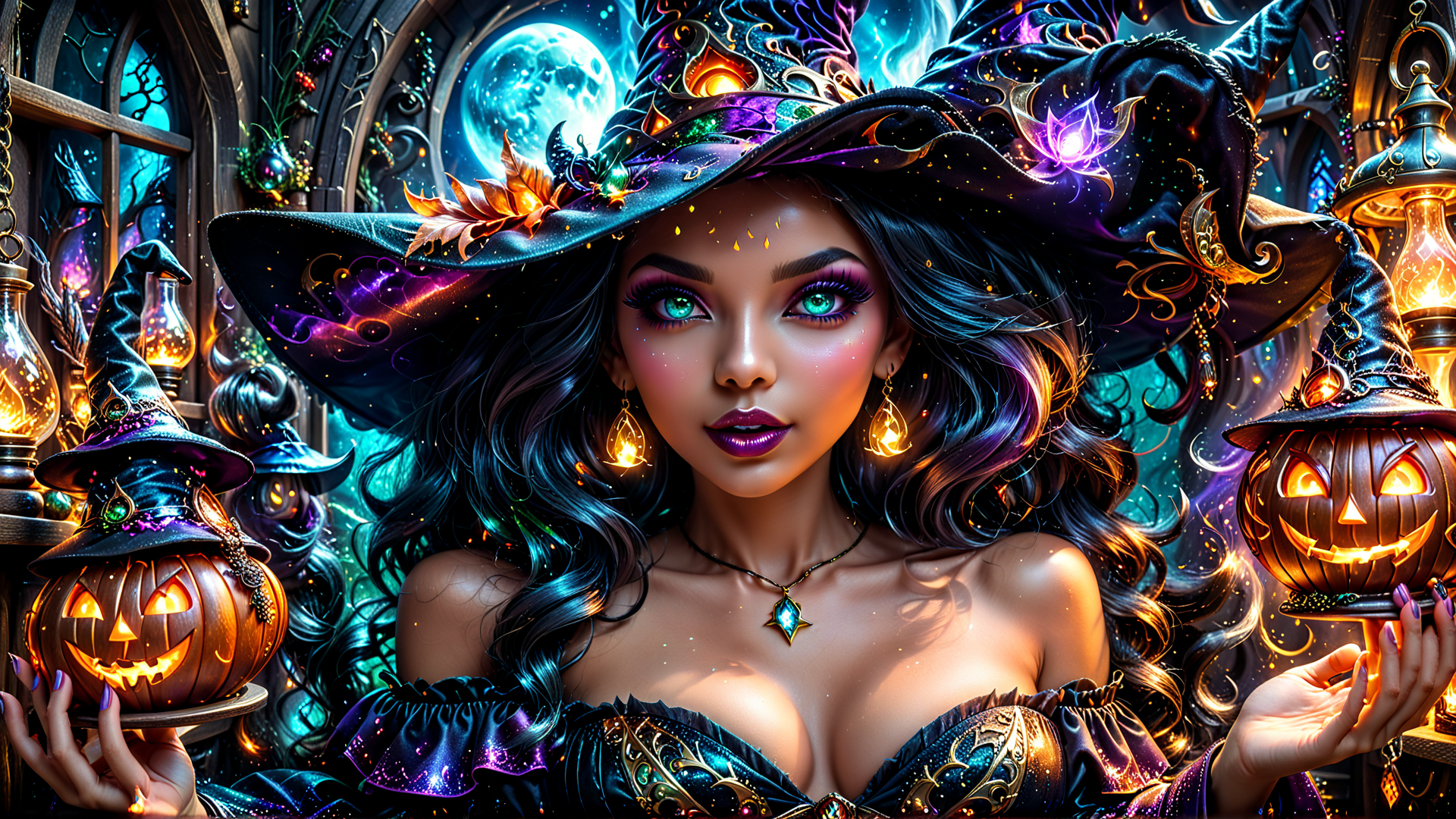 AI generated wallpaper featuring witch, pumpkin, lantern, hat, lamps, moon, lamps, lanterns, gloves, candles