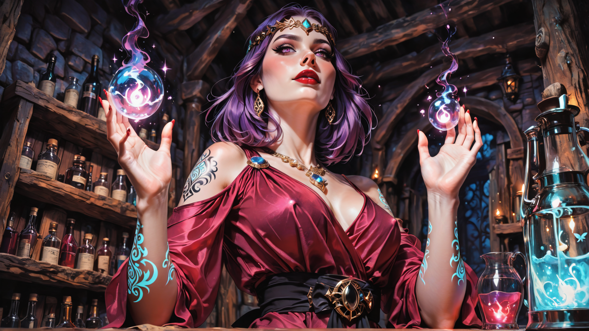 AI generated wallpaper featuring woman, witch, crystal balls, bottles, tattoo, crown, pendant, robe, lantern, ink