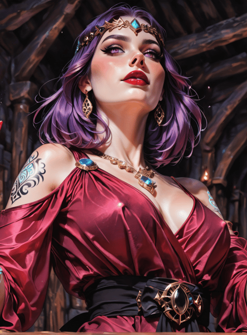 woman, witch, crystal balls, bottles, tattoo, crown, pendant, robe, lantern, ink