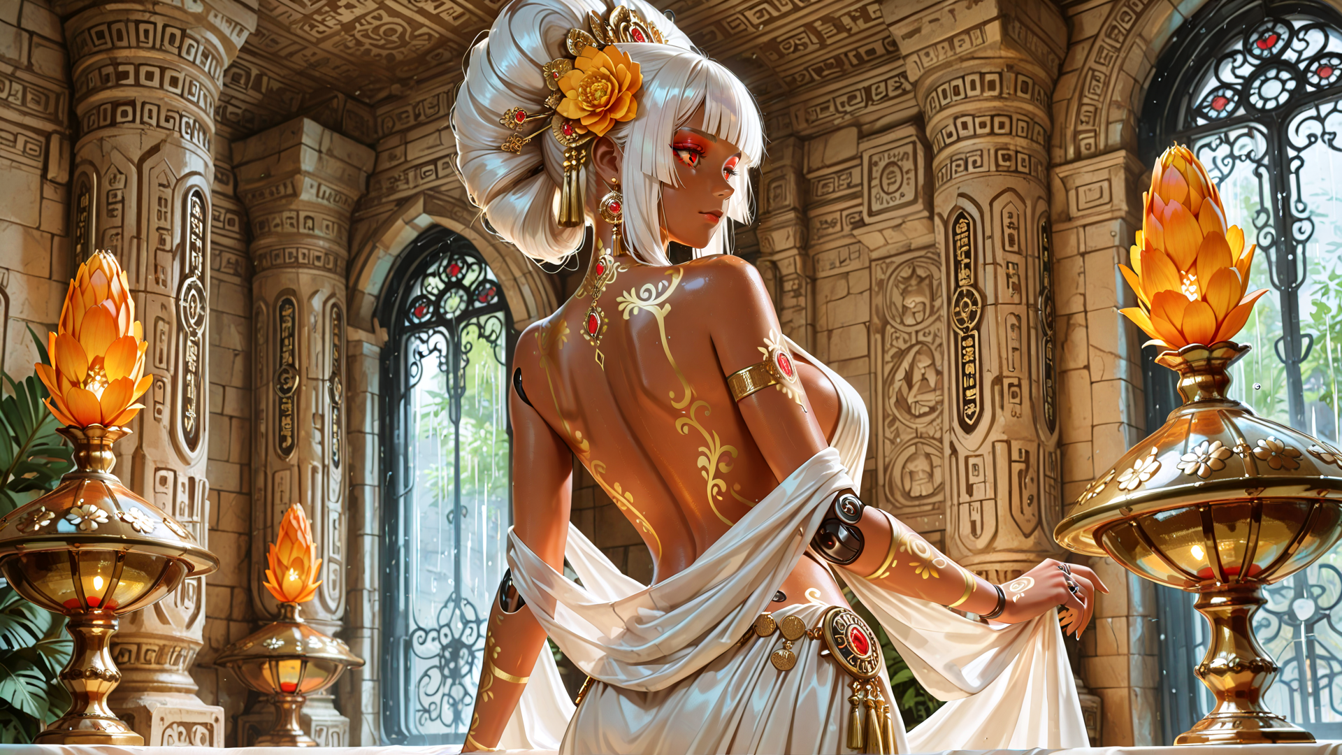AI generated wallpaper featuring woman, statue, ancient, architectural, ornament, candle, golden, flower, dress, tattoo