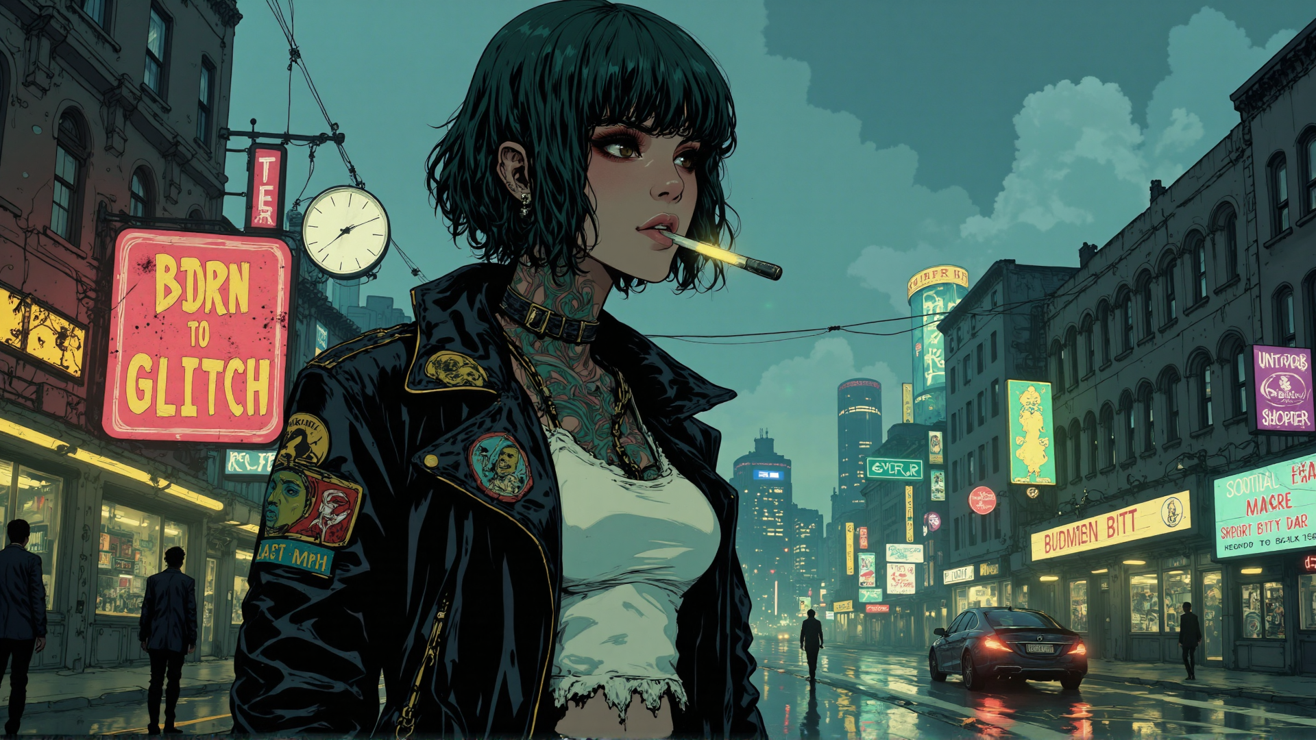 AI generated wallpaper featuring woman, city, tattoo, jacket, signs, car, clock, buildings, street, cigarette