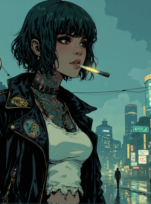 woman, city, tattoo, jacket, signs, car, clock, buildings, street, cigarette