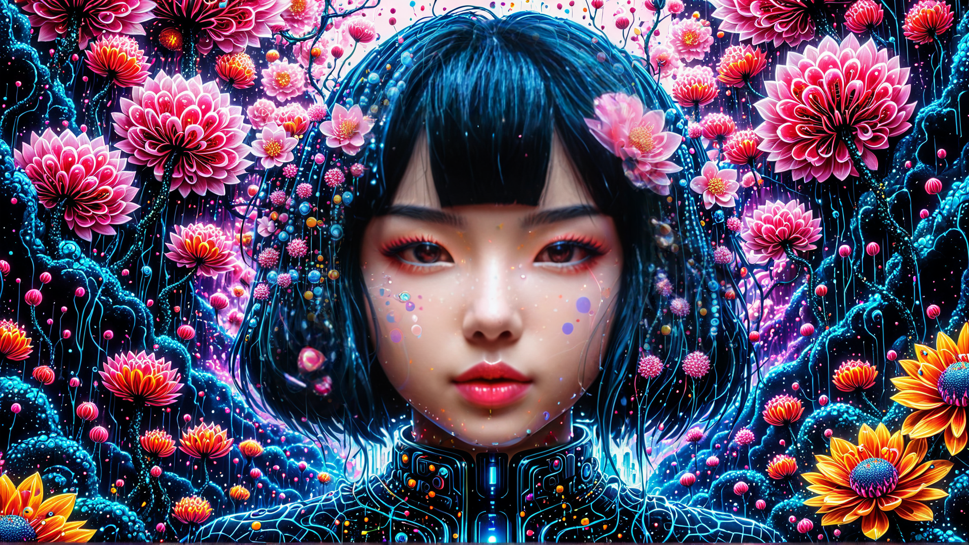 AI generated wallpaper featuring woman, flowers, cybernetic
