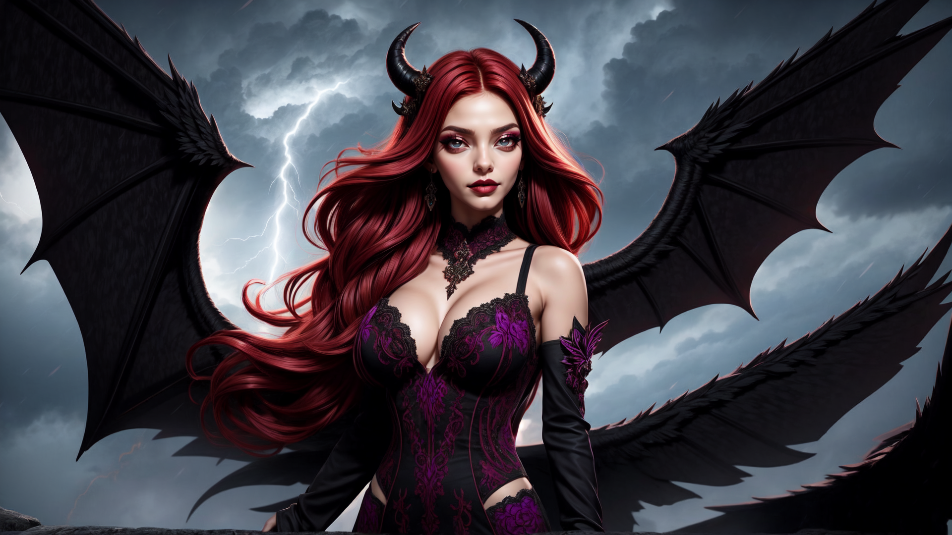 AI generated wallpaper featuring devil, woman, wings, horns, hair, dress, moon, clouds, lightning, earrings