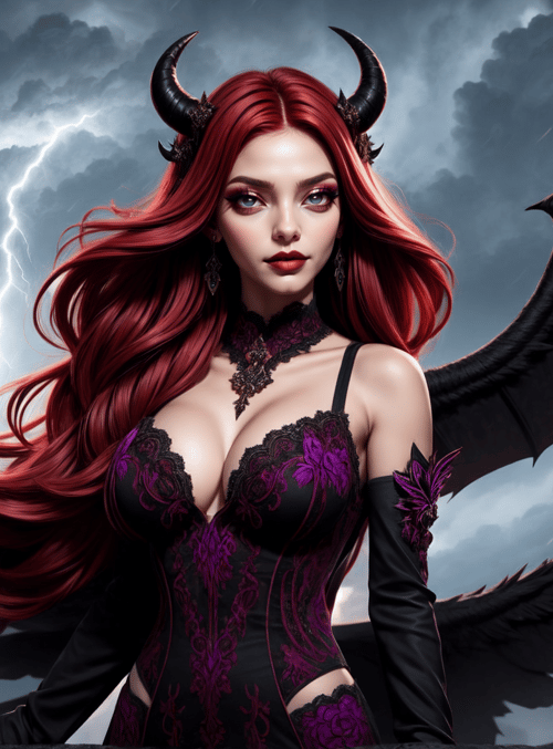 devil, woman, wings, horns, hair, dress, moon, clouds, lightning, earrings