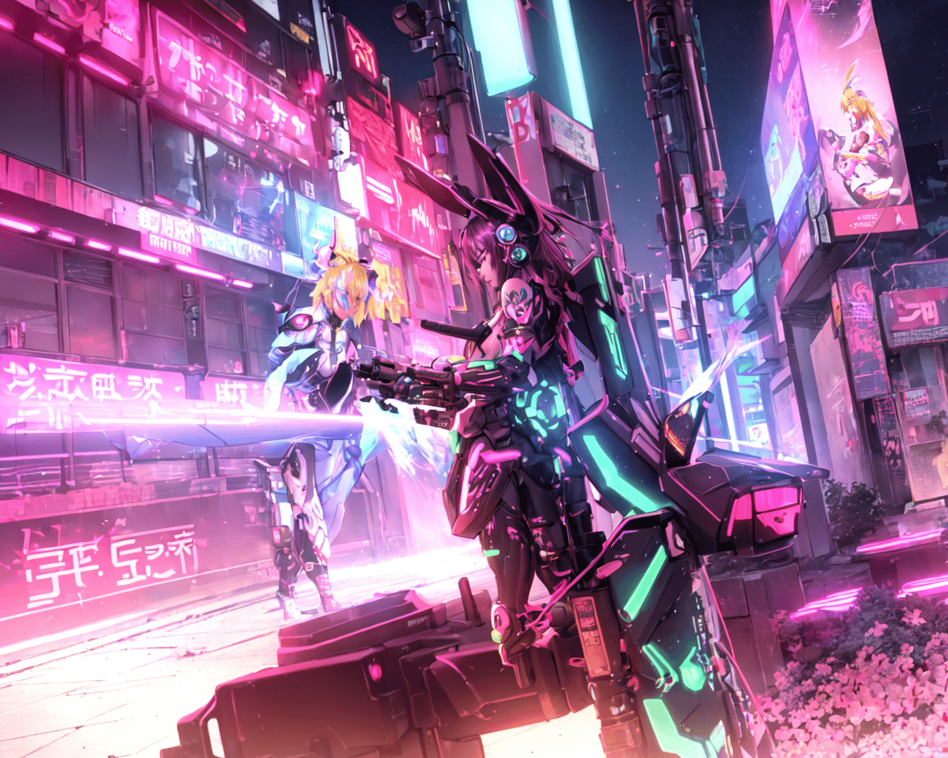 AI generated wallpaper featuring cyborgs, futuristic city