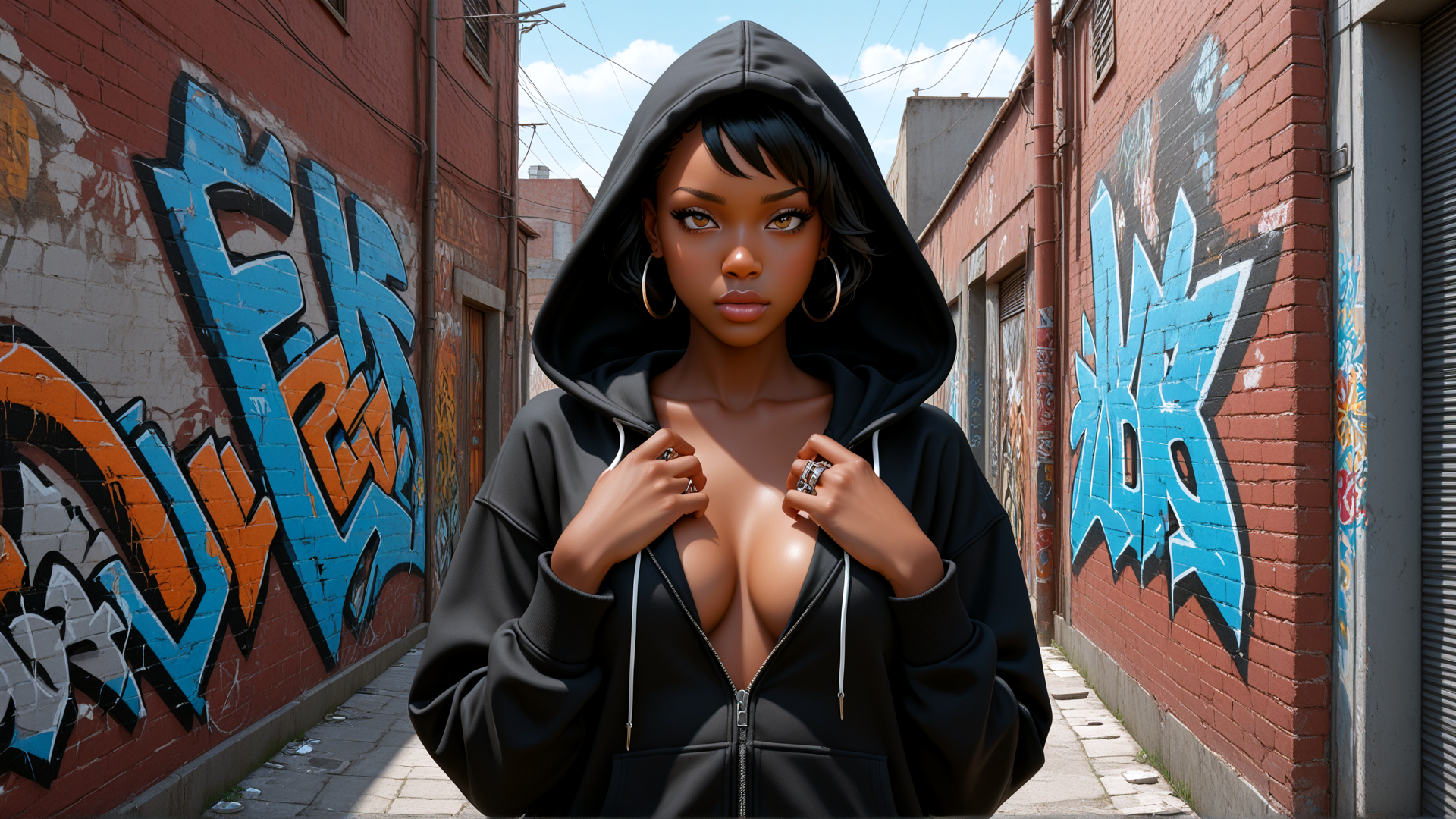 AI generated wallpaper featuring woman, hoodie, graffiti, alley, street