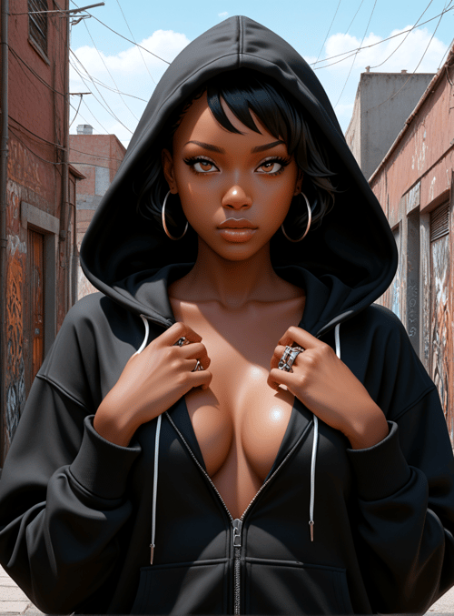 woman, hoodie, graffiti, alley, street
