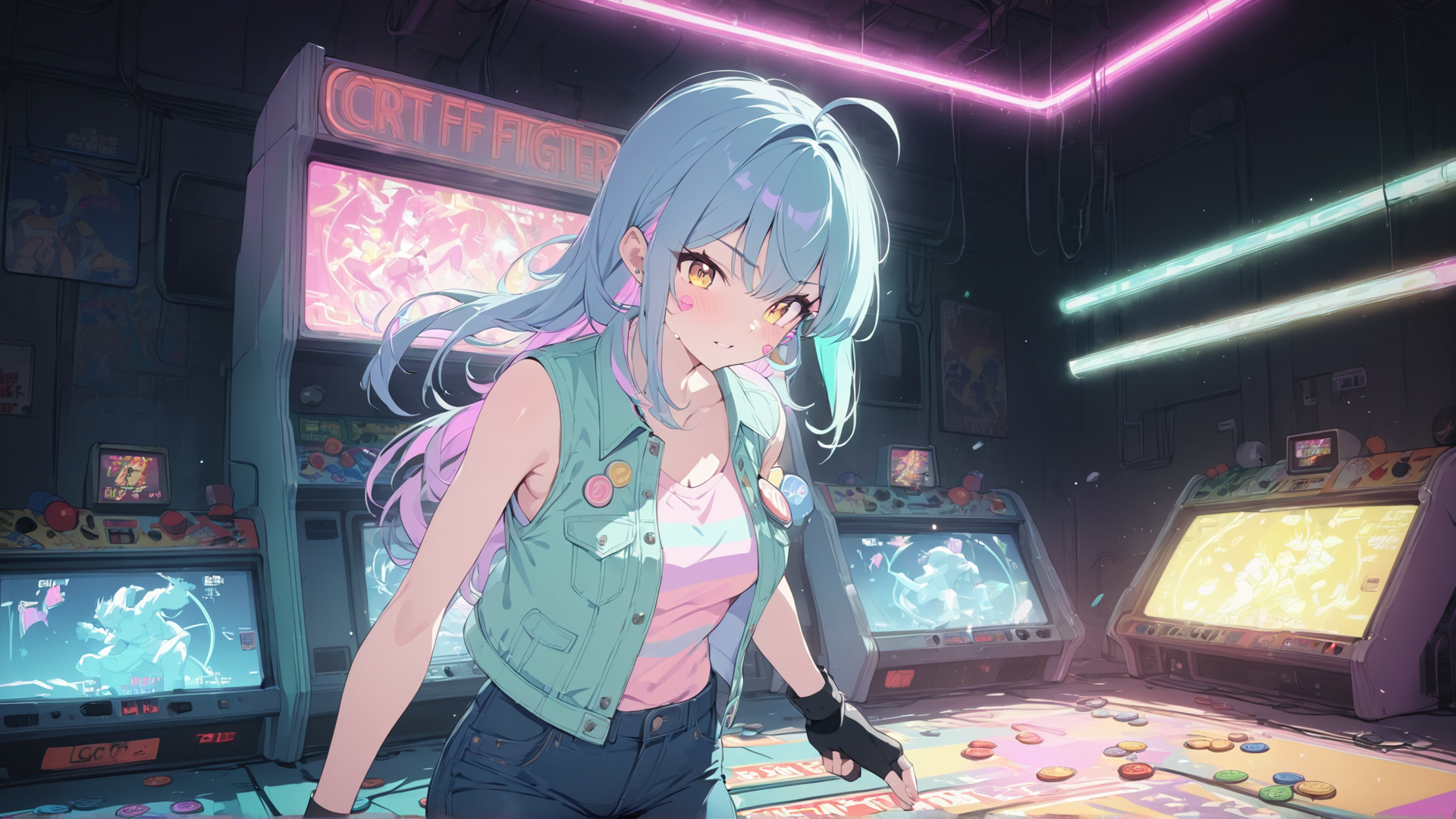 AI generated wallpaper featuring girl, arcade, gamer