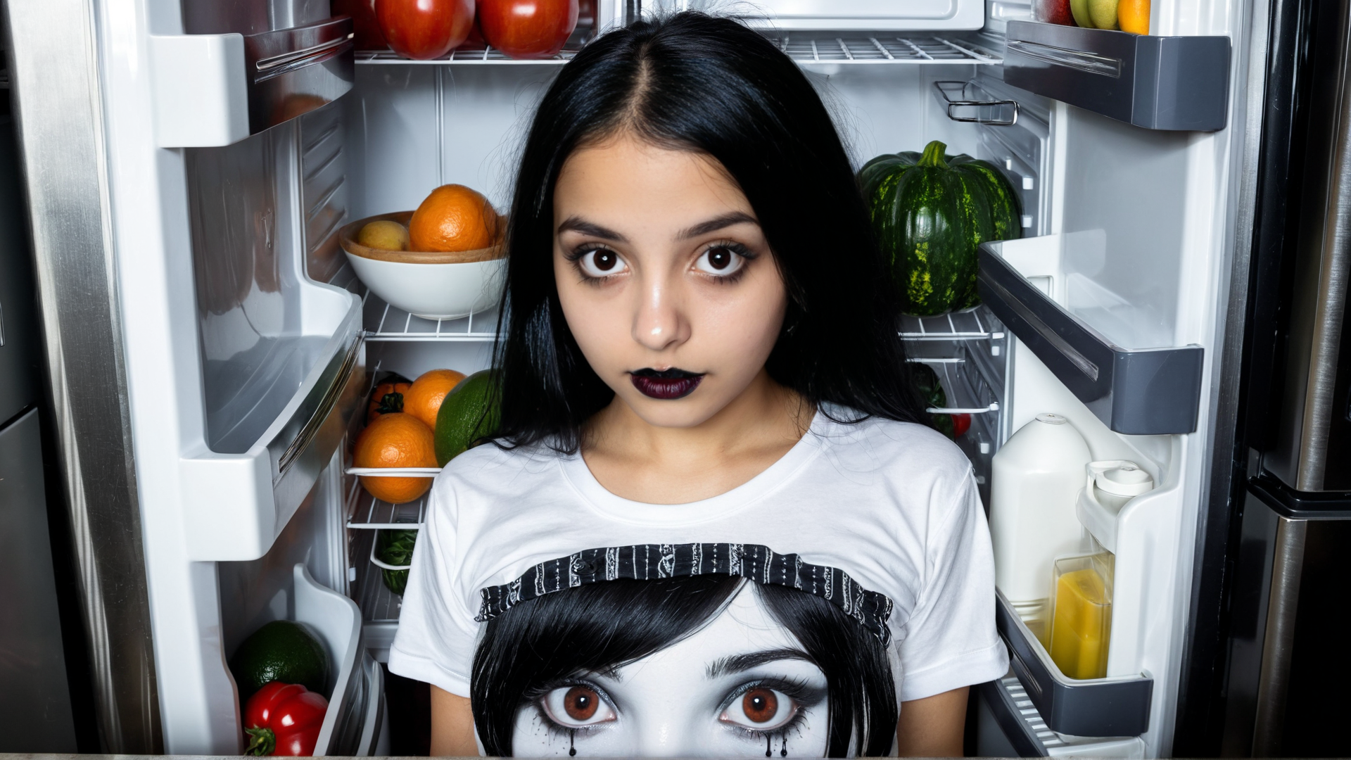 AI generated wallpaper featuring person, fridge, fruit