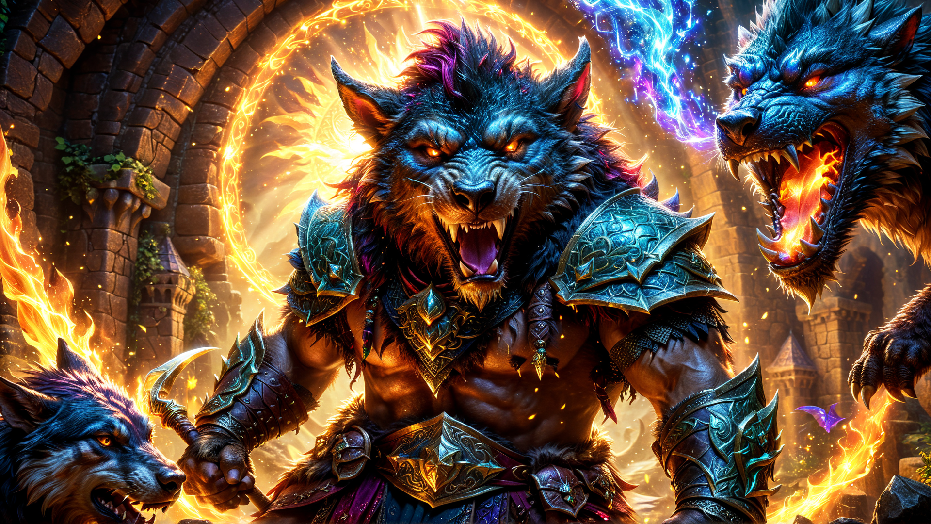 AI generated wallpaper featuring wolf, warrior, armor, castle, magic, fire, lightning, creature, fury, beast