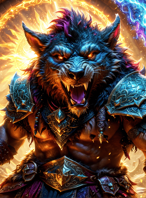 wolf, warrior, armor, castle, magic, fire, lightning, creature, fury, beast
