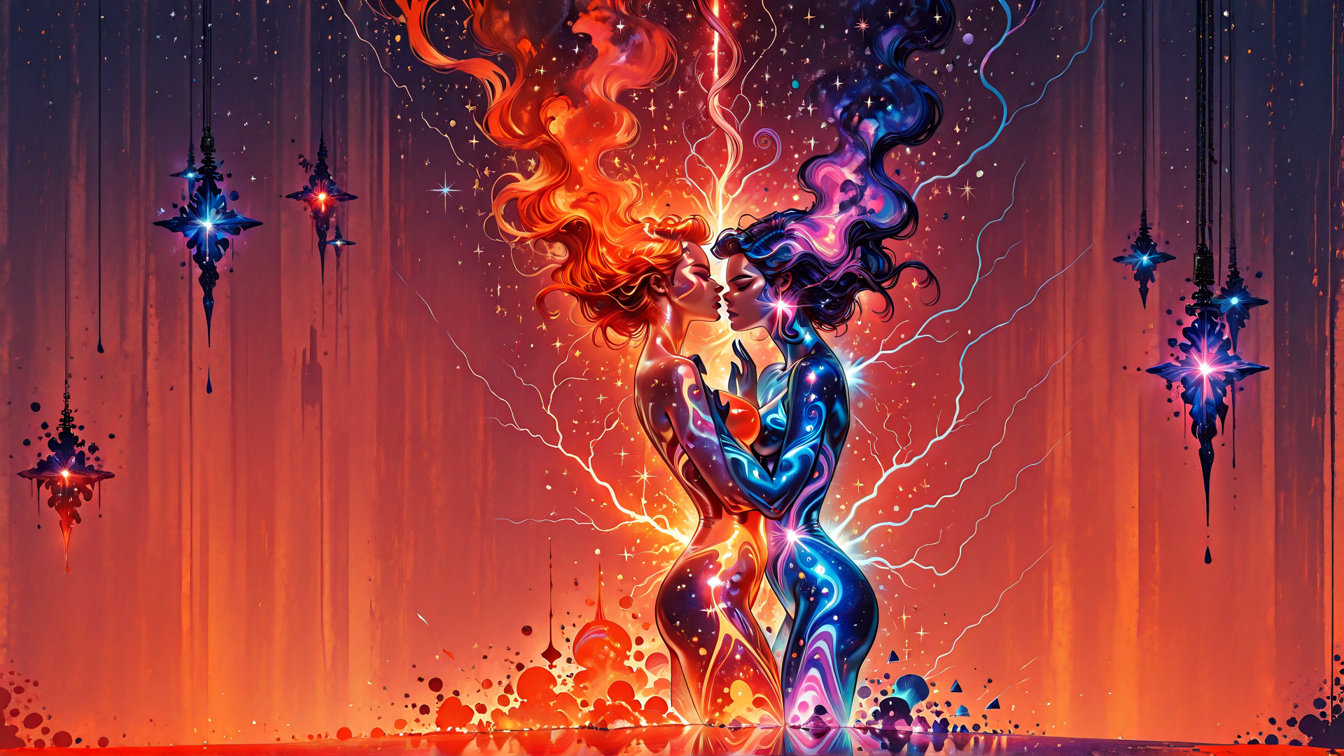 AI generated wallpaper featuring two figures, kissing, stars, lightning, suspended objects, glowing bodies