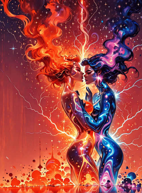 two figures, kissing, stars, lightning, suspended objects, glowing bodies
