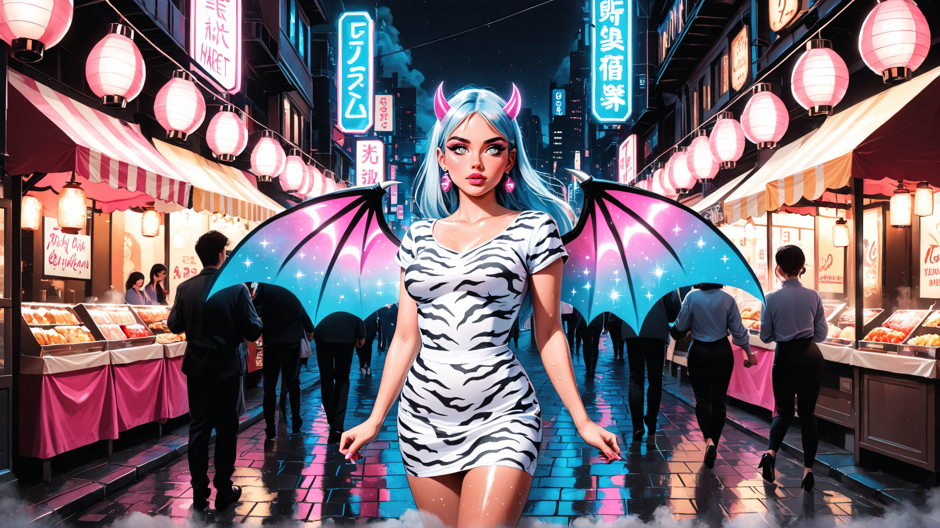 AI generated wallpaper featuring woman, devil, street, market, lantern, neon, sign, demon, wing, city