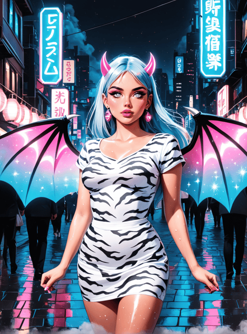woman, devil, street, market, lantern, neon, sign, demon, wing, city