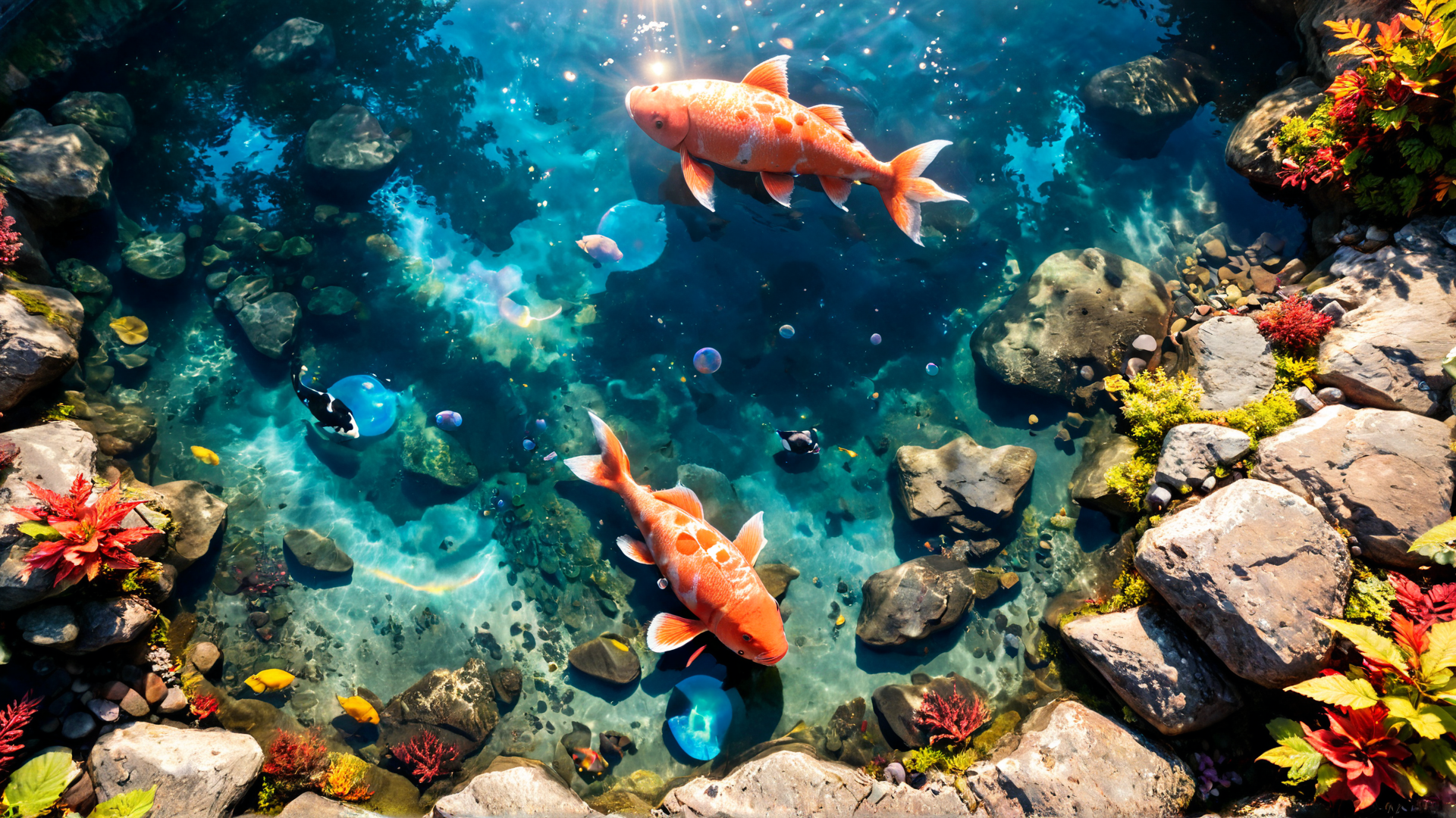 AI generated wallpaper featuring fish, aquarium, rocks