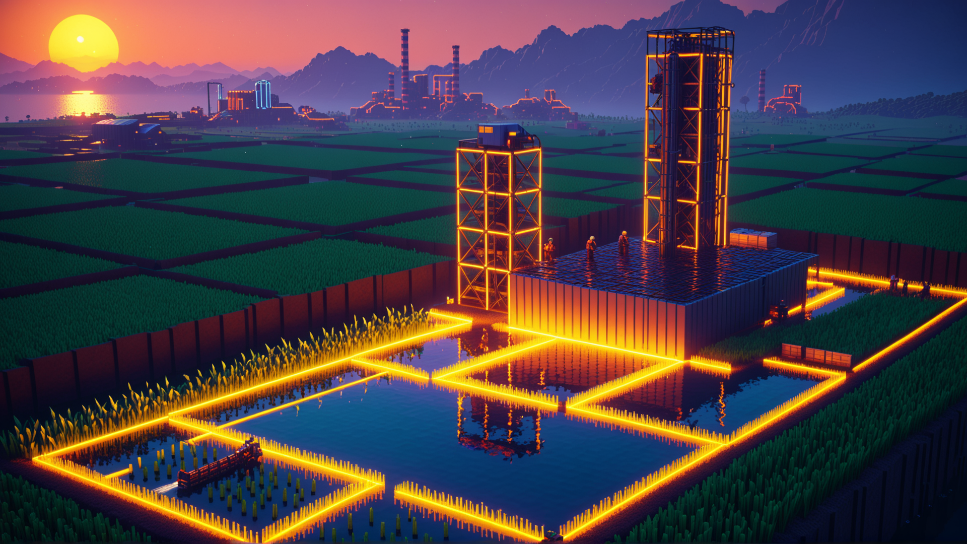 AI generated wallpaper featuring factory, towers, fields, sun, mountains, water, lights, people, railroad, buildings