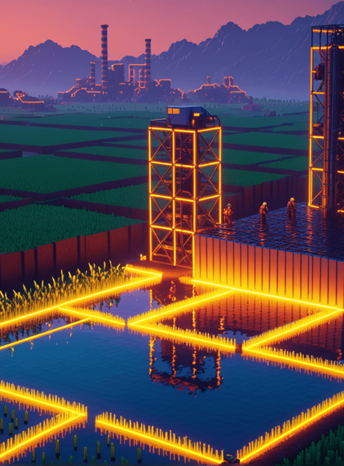 factory, towers, fields, sun, mountains, water, lights, people, railroad, buildings