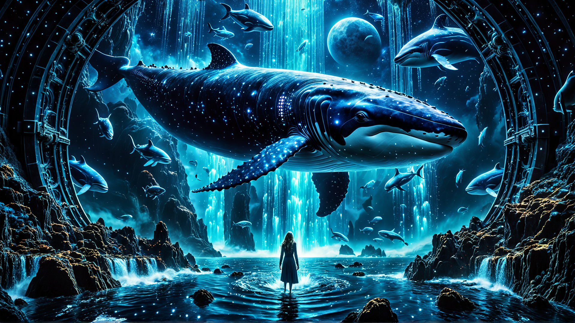 AI generated wallpaper featuring whale, dolphin, woman, water, moon, rock, cave, light, stars, door