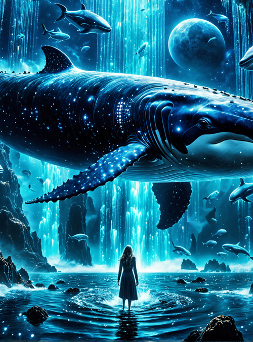 whale, dolphin, woman, water, moon, rock, cave, light, stars, door
