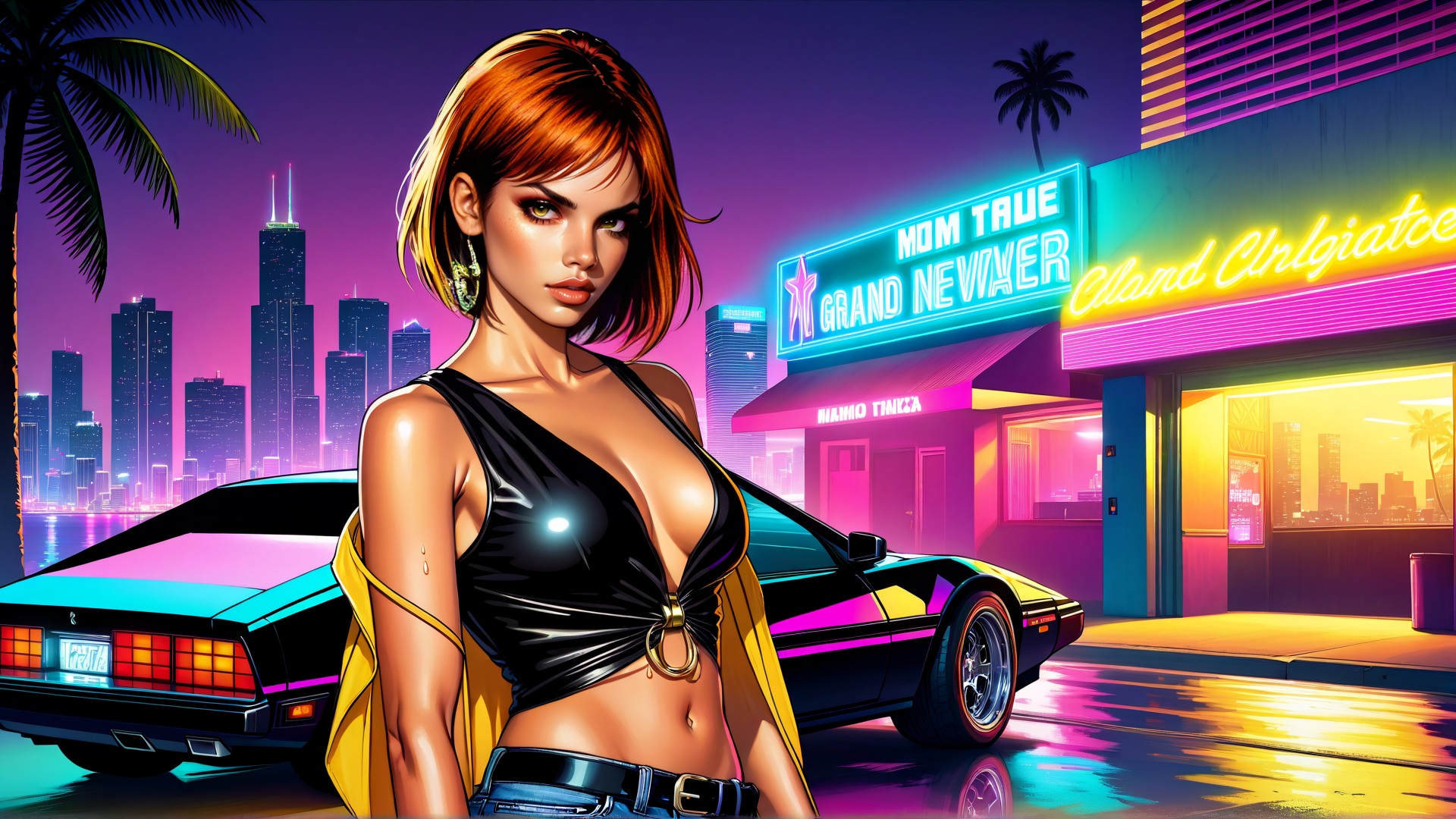 AI generated wallpaper featuring woman, car, city