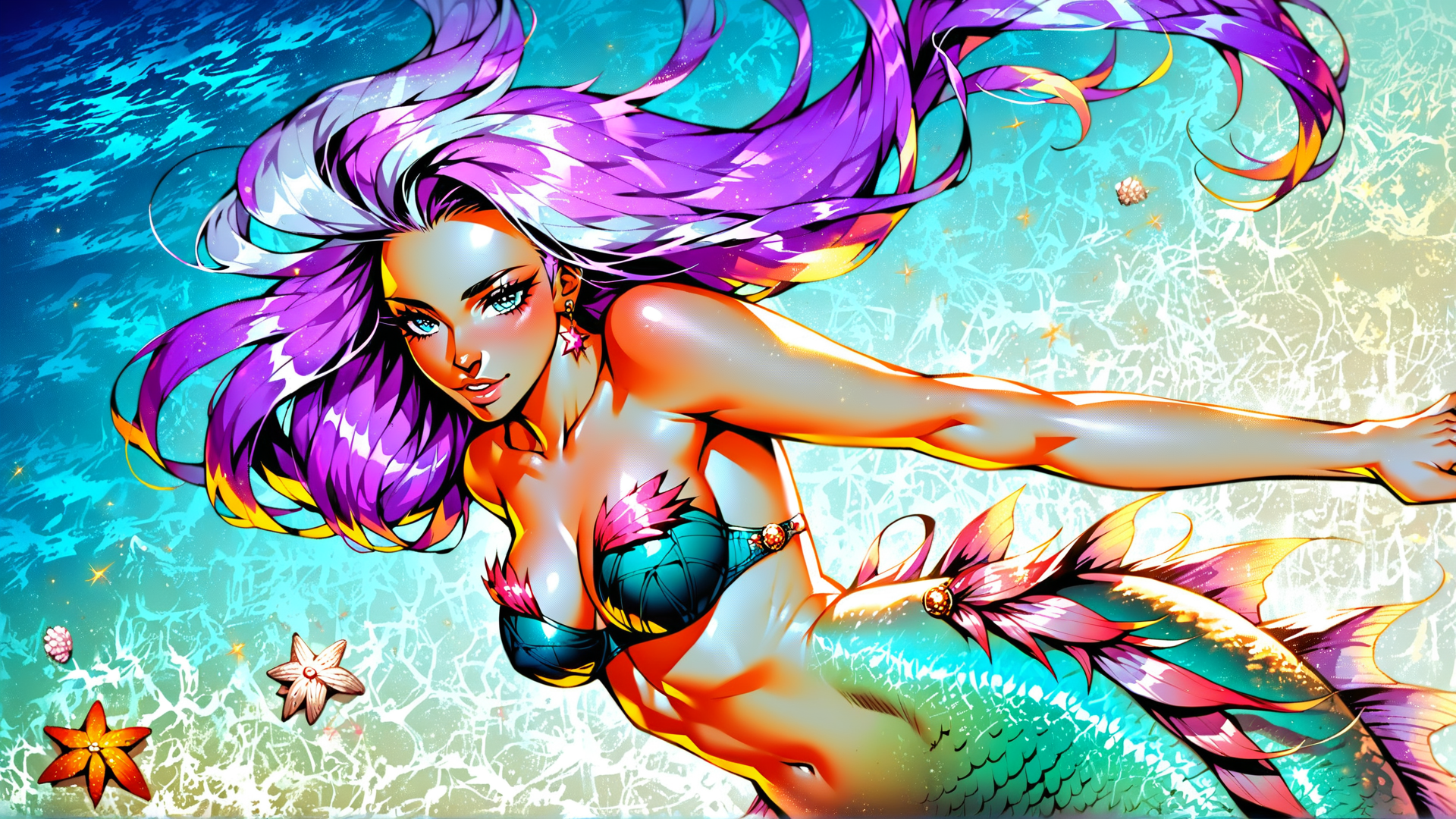 AI generated wallpaper featuring mermaid, girl, hair, fish tail, starfish, seaweed, coral, star, water, bead