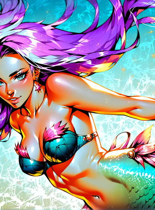 mermaid, girl, hair, fish tail, starfish, seaweed, coral, star, water, bead