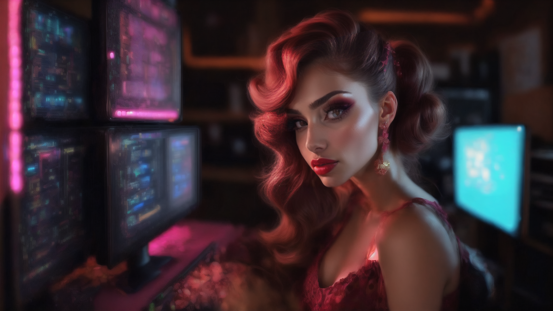 AI generated wallpaper featuring woman, gamer, computer