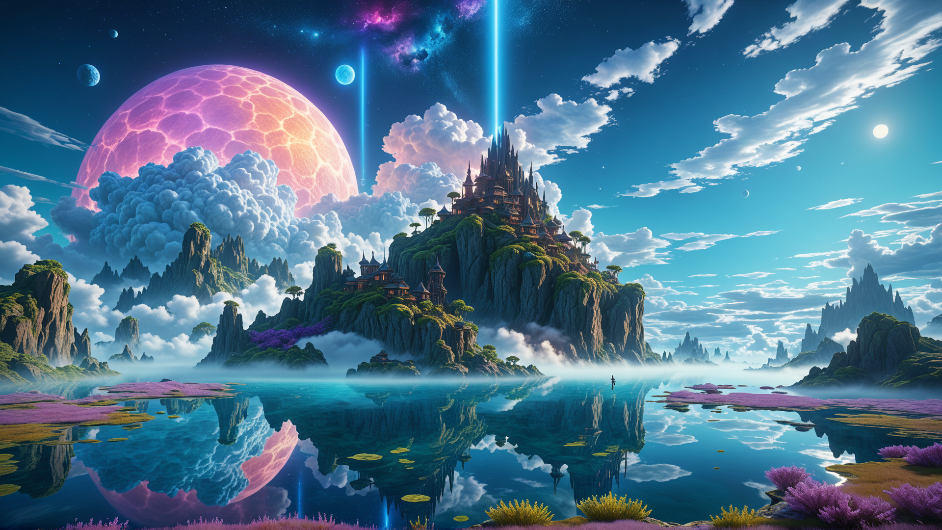 AI generated wallpaper featuring castle, planet, lake