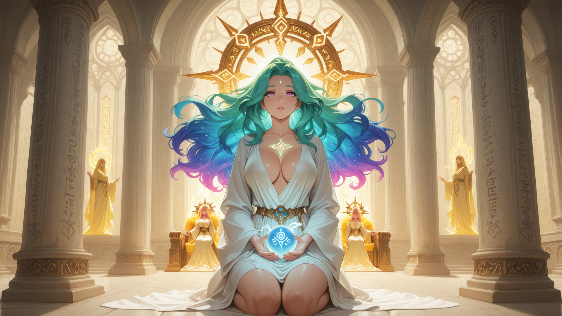 AI generated wallpaper featuring woman, columns, sacred, sphere, headdress, goddess, statue, arches, heavenly, ornaments