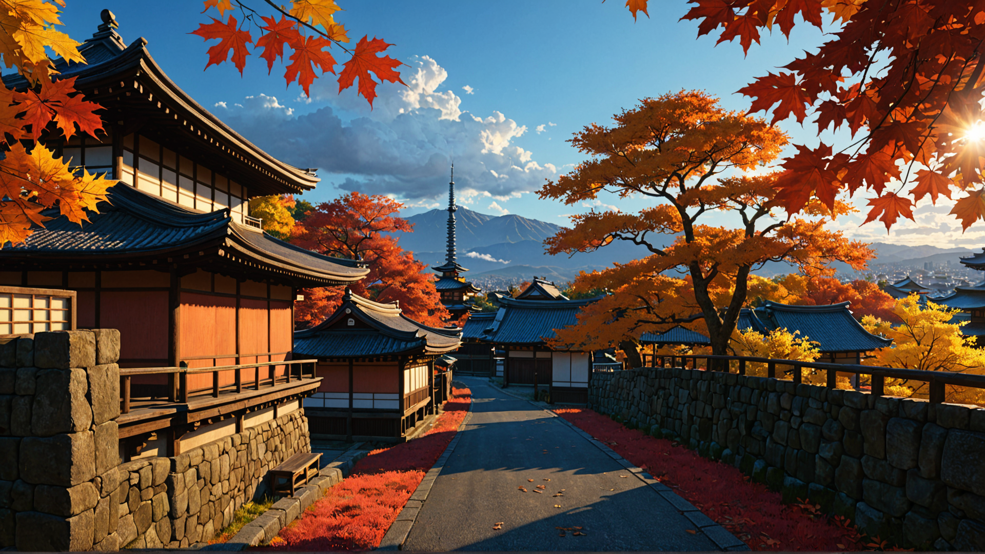 AI generated wallpaper featuring temple, maple tree, stone wall, path, mountain
